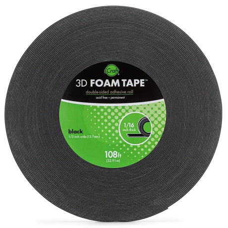 iCraft Black 3D Foam Tape Jumbo Roll- .5"X108'