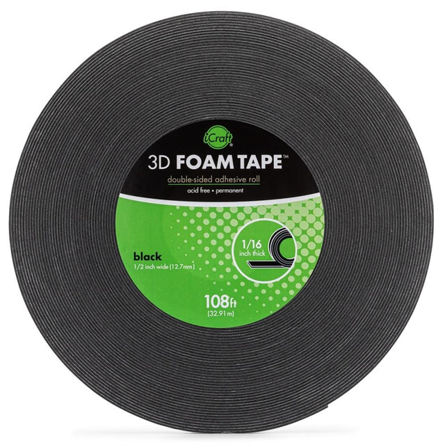 iCraft Black 3D Foam Tape Jumbo Roll- .5"X108'